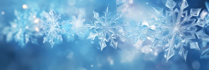 Fotobehang Sparkling snowflake winter background. Detailed dancing ice crystals at Christmas in pastel glowing colors. Snowy landscape closeup.  © Fox Ave Designs