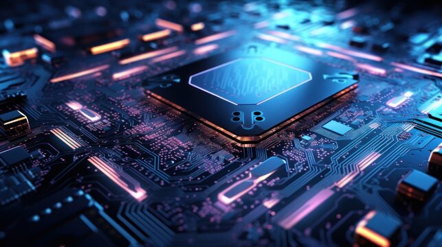 Macro photo Microcircuits with a new generation chip with neon lighting