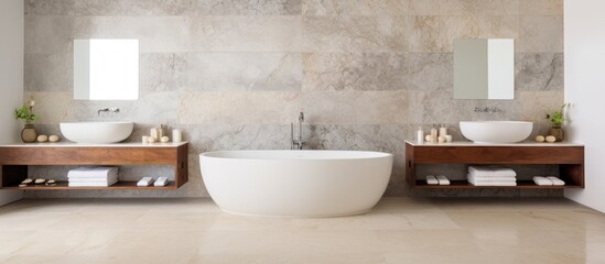 Stylish marble bathroom with large oval bathtub and twin washbasins With copyspace for text - obrazy, fototapety, plakaty