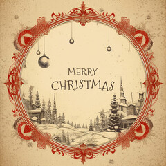 Christmas greeting card with vintage frame on old paper background. Vector style illustration.