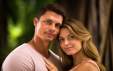 Fototapeta premium Close up photo of a love vibe couple posing in a spa garden