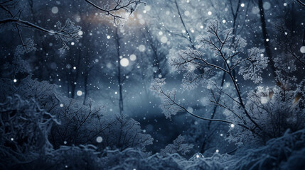 Winter background concept with snow falling and branches trees ice frost covered.