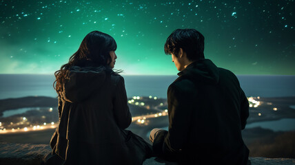 Asian couple sits and watches the northern lights.