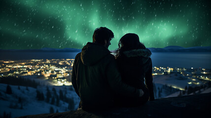 A couple sits and watches the northern lights. - obrazy, fototapety, plakaty
