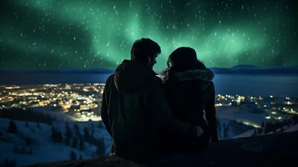 Foto op Canvas A couple sits and watches the northern lights. © SWK_Studio