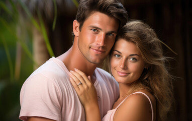 Naklejka premium Close up photo of a love vibe couple posing in a spa garden