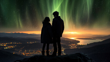 A couple stands and watches the northern lights.