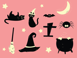 set of halloween black cat, hat, spider, and bat