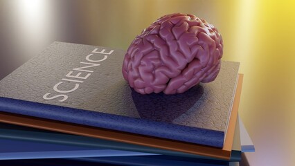 A single human brain and stack of science books 3d rendering