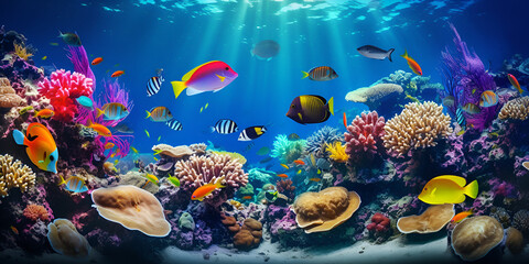 Fototapeta na wymiar Exploring a Colorful School of Fish in a Vibrant Underwater Paradise
