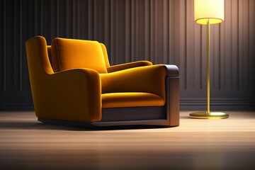 A chair like a king's seat. simple, massive,Cozy up in a yellow armchair in a living room set against an empty dark blue wall background