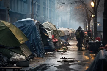 Fotobehang Homeless tent camp on a city street © Kien