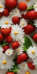 Seamless pattern texture of strawberries with white flowers