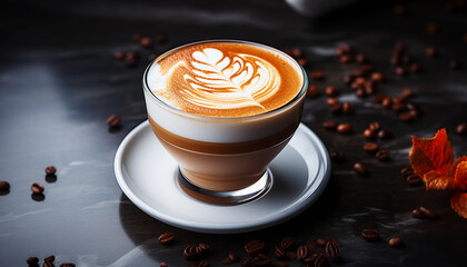 cup of coffee latte art on a black background with coffee beans