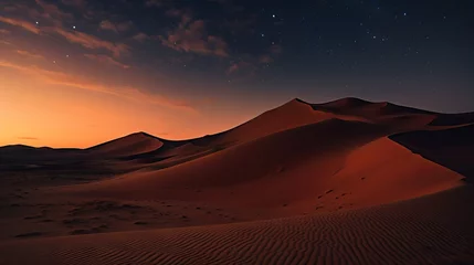 Papier Peint photo Brun Scenic view of a sandy desert under a starry sky at night. The tranquil desert landscape is illuminated by the shimmering stars above, creating a mesmerizing and peaceful scene