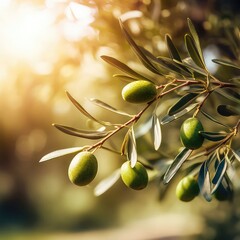 olive branch against bokeh in the rays of sunlight in summer in the spring close-up of a macro. A picturesque colorful artistic image with a soft focus, natural landscape