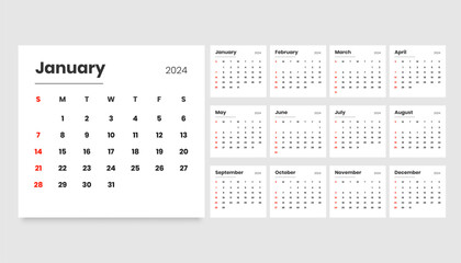clean white 2024 full page calendar template for new year