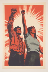 vintage print of 2 strong people with fist raised in power and protest on graphic abstract starburst background