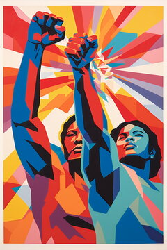vintage colorful painting of man and woman with fist raised in power and protest on graphic graphic starburst background