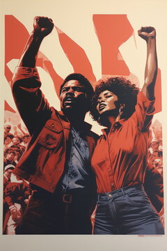vintage painting of 2 strong black poc people with fists raised in power and protest on graphic abstract print red background
