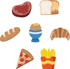 Fast Food Flat Illustration Set include sandwich, burger, bread, hot dog, cheese, noodle, pizza, french fries, steak, fry chicken