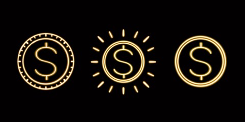 Fototapeta premium Neon Finance Set, Coins, Gold. glowing desktop icon, neon sticker, neon figure, glowing figure, neon geometrical figures 