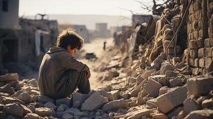 Sad little Arab boy sitting on the ruins of his house. The global problem of wars and conflicts of peoples
