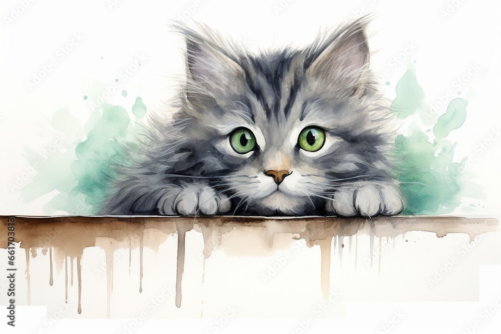 Poster generative ai : funny longhair gray kitten with beautiful big green eyes lying on white table.