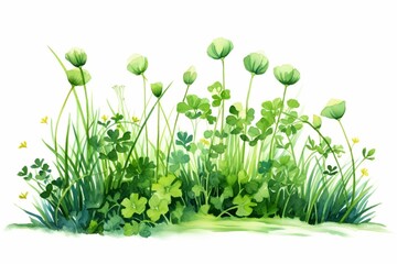 Generative AI : Green grass close up watercolor illustration. Lush grass - meadow element. 