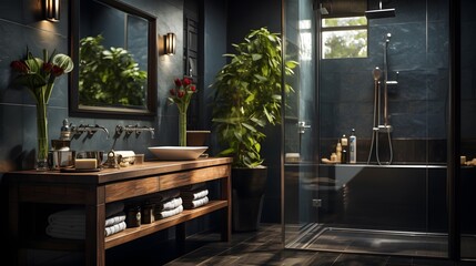 stylish shower area bathroom interior - obrazy, fototapety, plakaty