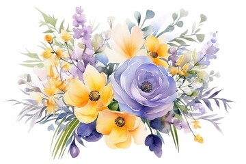 Naklejka na ściany i meble Generative AI : Bouquet of spring delicate watercolor flowers for wedding greeting card.
