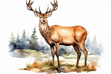 Generative AI : Deer. Hand drawn watercolor illustration. Isolated on white background