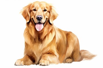 Generative AI : Watercolor golden retriever sitting layer path, clipping path isolated on white background.