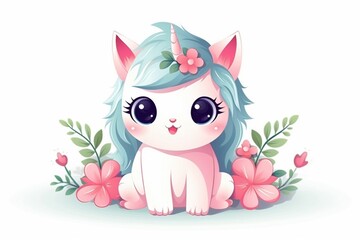 Generative AI : Draw character design collection cute cat like unicorn.Isolated on white.