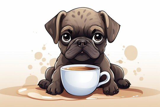 Generative AI : dog french bulldog pug illustration dog coffee cup cartoon