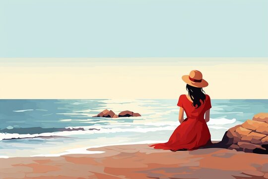 Generative AI : Beach. Illustration with copy space. Woman wearing broad-brim red hat