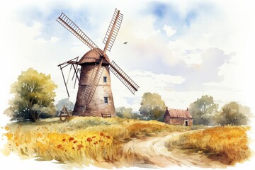 Generative AI : Windmill vintage watercolor hand drawn illustration making bread Rural