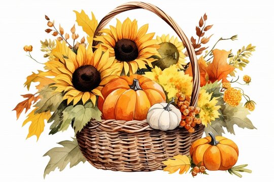 Generative AI : Autumn harvest in a wicker basket, pumpkins and sunflowers.