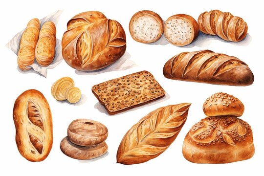Generative AI : Watercolor bakery assortment, bread and pastry isolated on white background. 