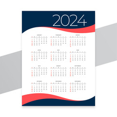 wavy style 2024 new year calendar template for schedule office task