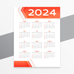 white and orange 2024 new year english calendar layout design
