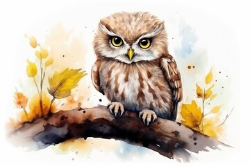 Generative AI : Little owl drawing by watercolor, cute fluffy nestling, hand drawn illustration