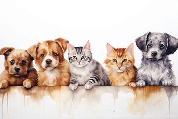 Fototapeta na wymiar Generative AI : Watercolor Row of cats and dogs hanging their paws over a white banner. 