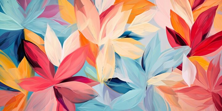 Generative AI : Abstract Digital Oil Painting Geometric Flowers Leaves Brush Strokes Seamless Pattern Blurred Background