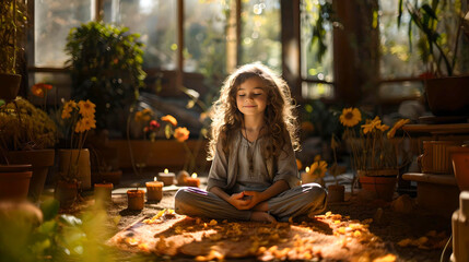 girl in lotus position meditating peacefully in a room with a lot of magic.