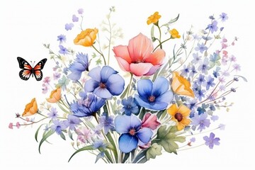 Generative AI : Watercolor Bouquet with Wildflowers and Butterfly. Design for Card on the white Background.