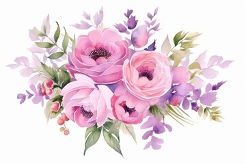 Generative AI : Bouquet of spring delicate watercolor flowers for wedding greeting card.