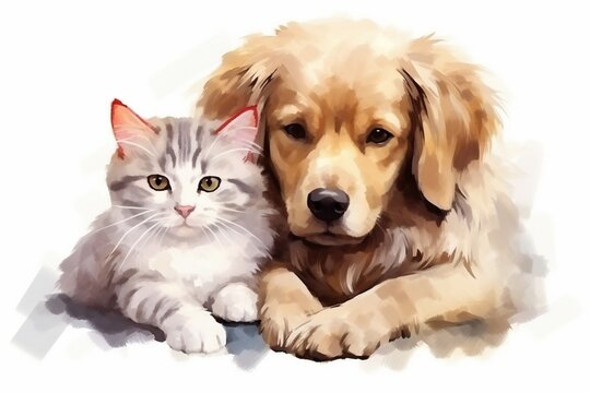 Generative AI : cute pictures of a white serabian dog with a brown cat