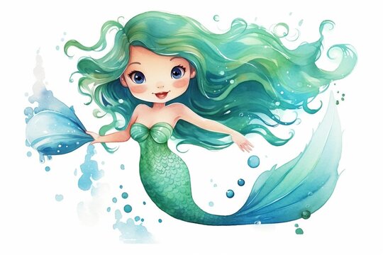 Generative AI : Mermaid cute watercolor illustration
