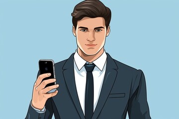 Naklejka premium Generative AI : young worker or business man showing smartphone, man holding smartphone close up, flat design